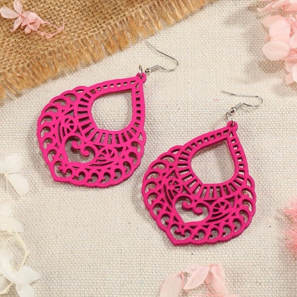 Pink Water Drop Wood Earrings - Picture 2 of 6